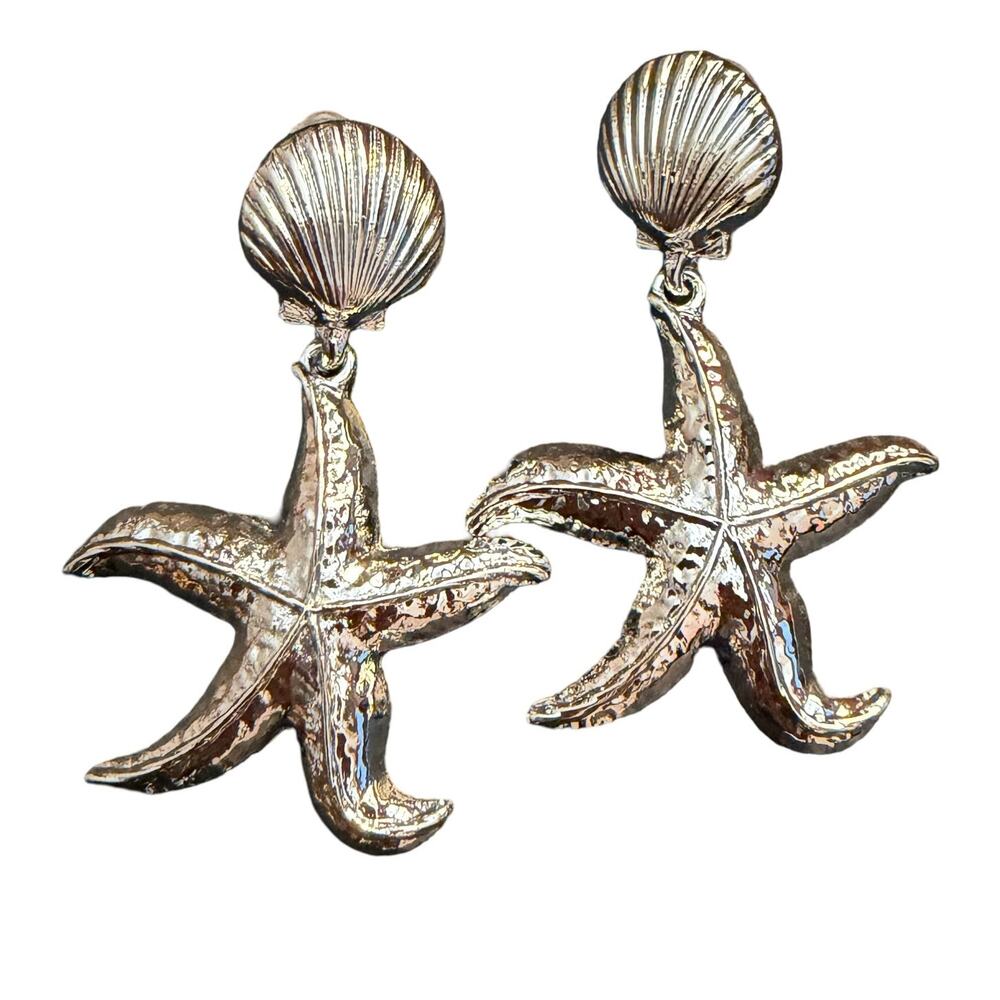 UANNEAU Starfish Shell Dangle Earrings Silver Tone Coastal Beach New